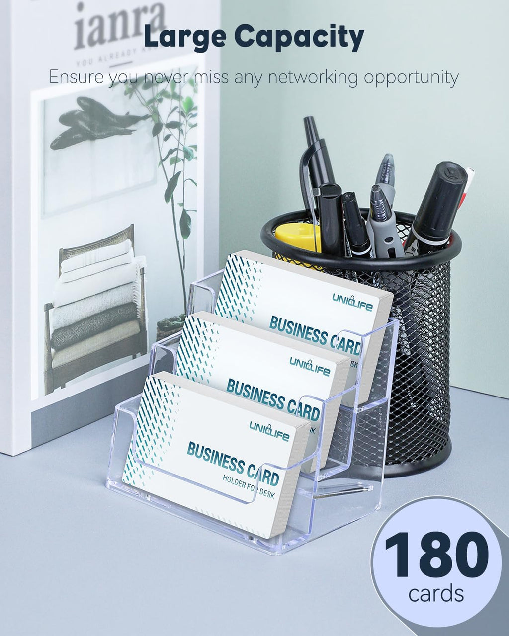 Uniclife Acrylic Business Card Holder for Desk 3 Slots Clear Business Card Display Stand for Men & Women Desktop Business Card Organizer Card Stand for Office Home Exhibition, 180 Card Capacity