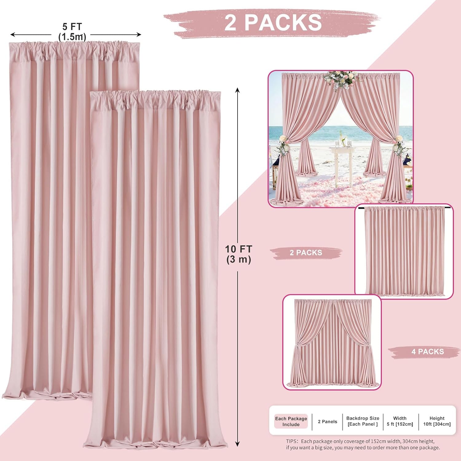 Dusty Rose Polyester Backdrop Curtains 2 Panels 5ft x 10ft Photo Shoot Background Drapes for Wedding Party Bridal Shower Engagement Decorations