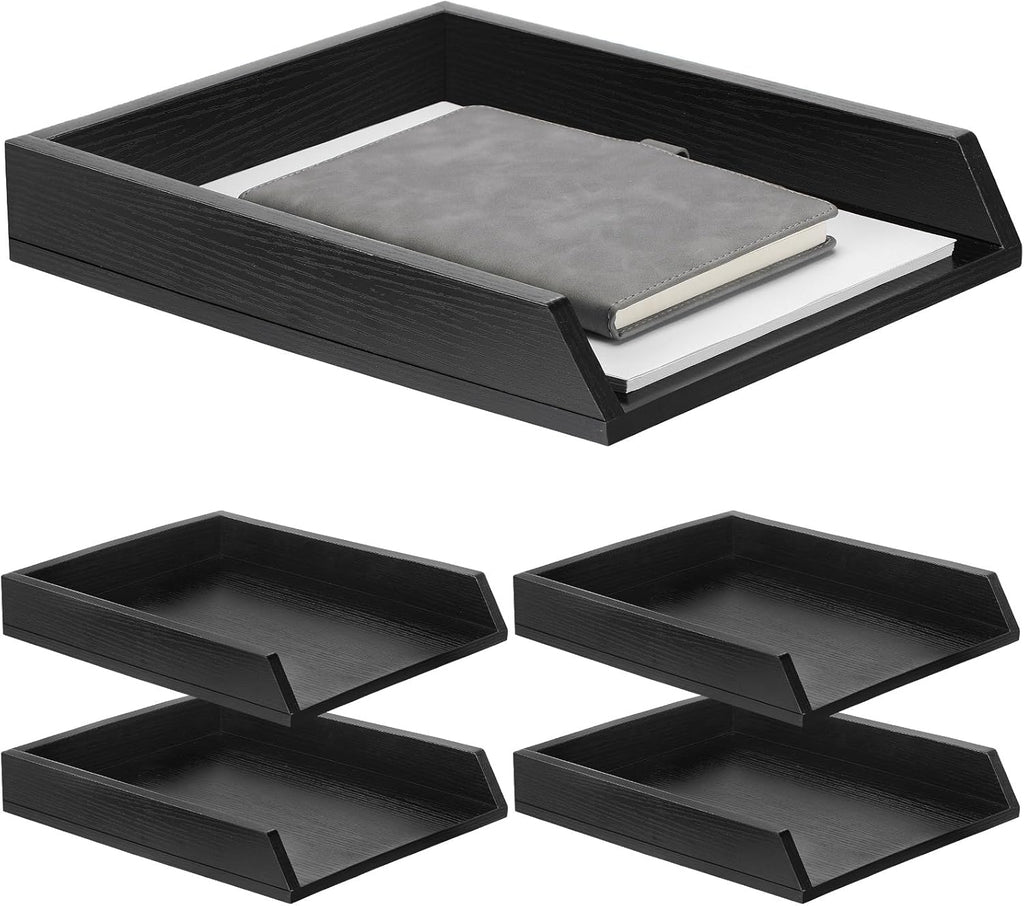 4 Pcs Wooden Letter Trays Wood Letter-Size Desk Organizer Heavy Duty 2 Tier Stackable Supports Paper Tray Desktop Drawer Organizer File Folder Magazine Office Accessories (Black)