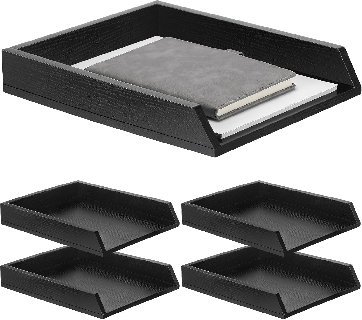 4 Pcs Wooden Letter Trays Wood Letter-Size Desk Organizer Heavy Duty 2 Tier Stackable Supports Paper Tray Desktop Drawer Organizer File Folder Magazine Office Accessories (Black)