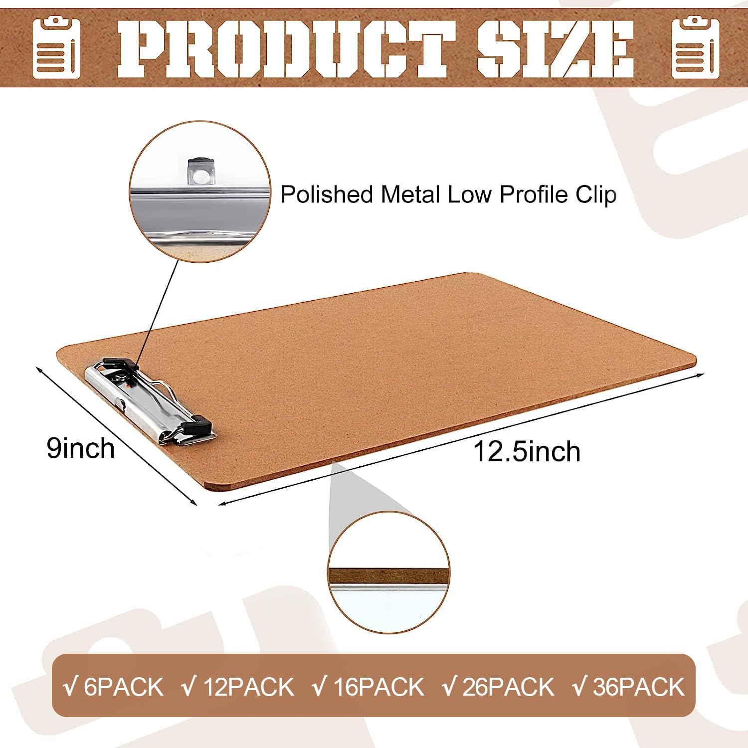 Clipboards, PANDRI 6 Pack Hardboard Office Clipboards, Low Profile Clip, Clip Boards 8.5x11 Standard Letter Size, Classroom Supplies, ECO Friendly