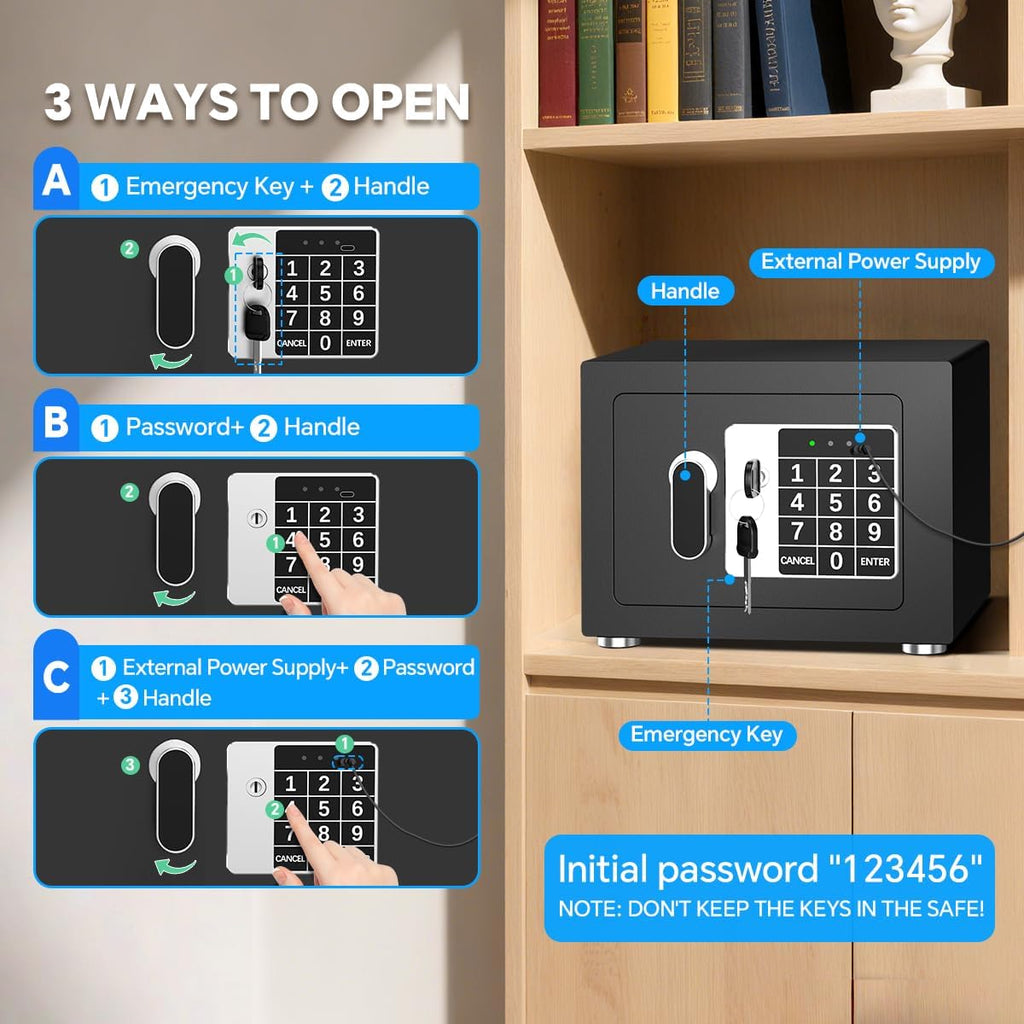 Small Home Safe, 6.7”D x 9”W x 6.7”H, Electronic Keypad Lock Security Box for Cash, Jewelry, Passport, Hidden Safe for Closet, College Dorm Room, Black