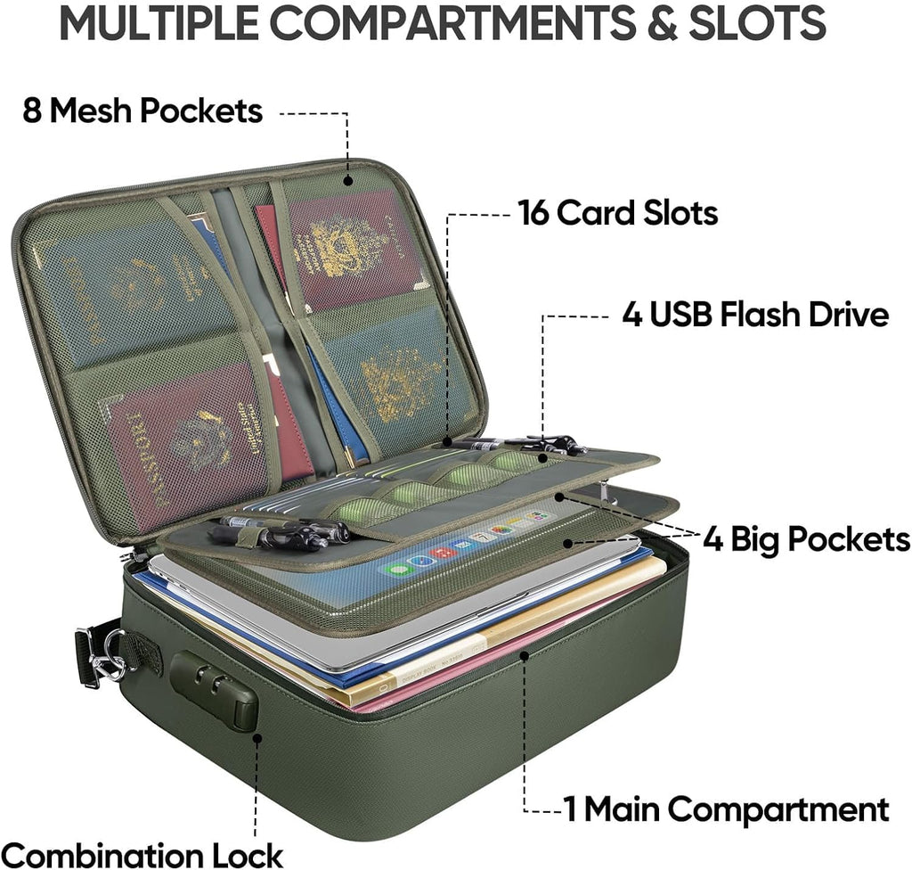 BALEINE Fireproof Document Box with Lock, Portable Fireproof Document Bag Waterproof Fire Proof File Boxes for Documents, File Organizer Box for Important Paperwork (Green, 15''x11''x4'')