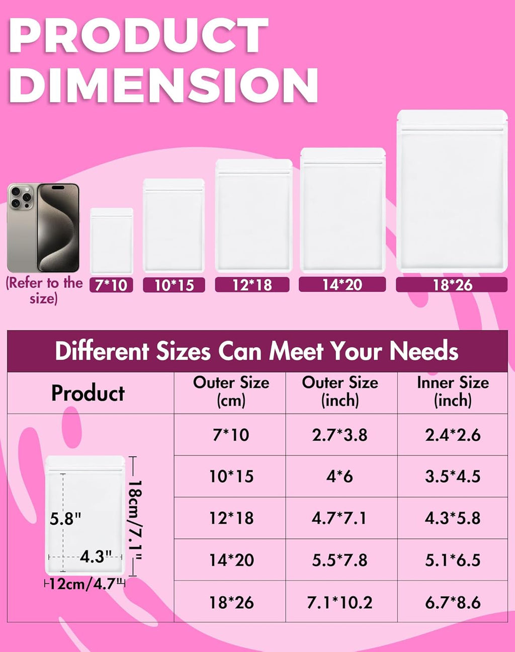 100 Pack Resealable Packaging Bags for Small Business Double-Sided Color Smell Proof Bags for Food Storage Flat Bags (White, 4.7" x 7.1")