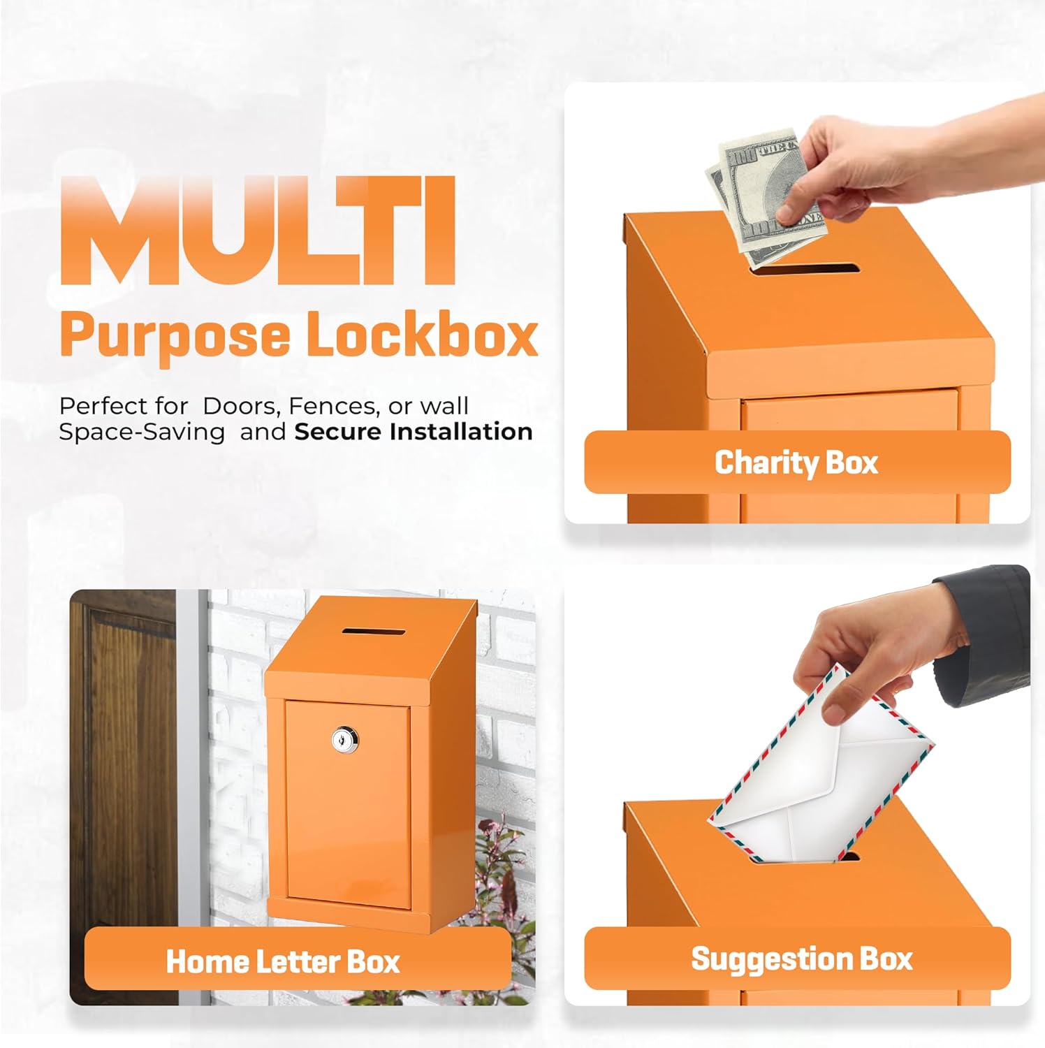 Metal Donation Box-Suggestion Box with Slot and lock-Cash Lock box for Money-Secure Drop Box-Comment and ballot voting box-comes with pre-drilled holes for easy wall mounting 10 X 6 X 2.5"(Orange)