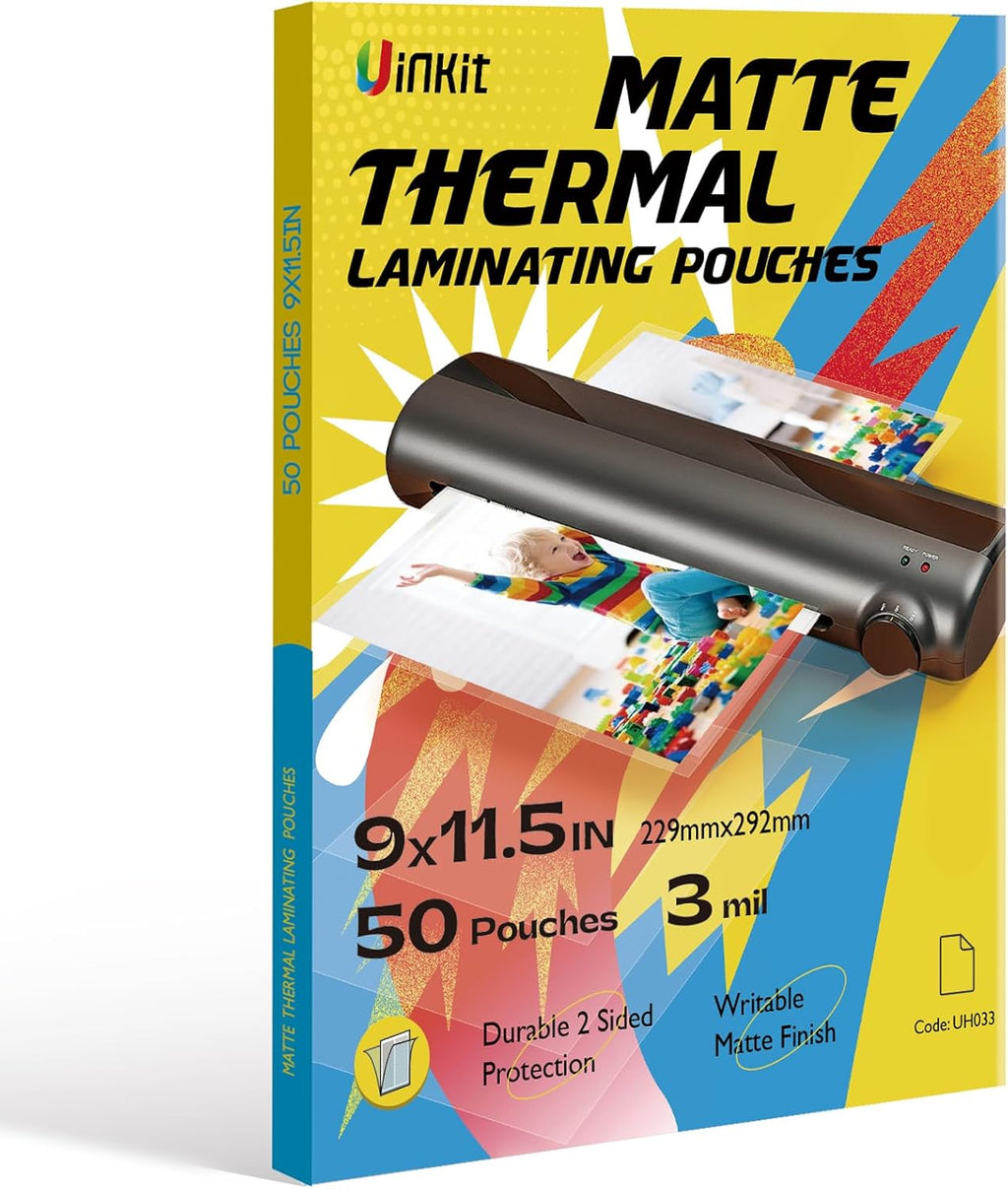 Uinkit Matte Thermal Laminating Pouches, 9 x 11.5 Inches 3 Mil Thick Clear Anti-Glare with Matte Finish 50 Pack Fitted for Letter Size Laminating Sheets 8.5 x 11