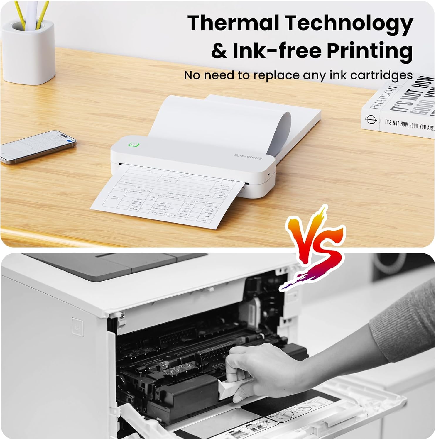 Portable Printer for Travel, Bluetooth Thermal Printer Supports 8.5 x 11 Inch US Letter Size, Compatible with Android and iOS & Laptop Inkless Mobile for Office, Car, School