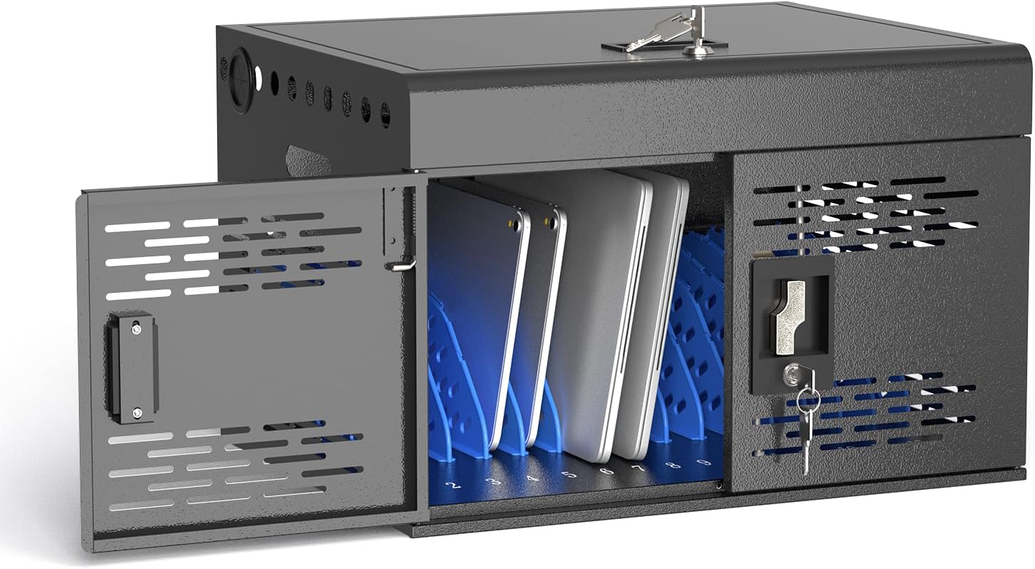 POCHAR 16-Unit Charging Cabinet for Laptops & Tablets - Locking Laptop Storage Box with Cable Management, Charger Storage, and Ground Protection for Classroom, Library, and Office (Black)