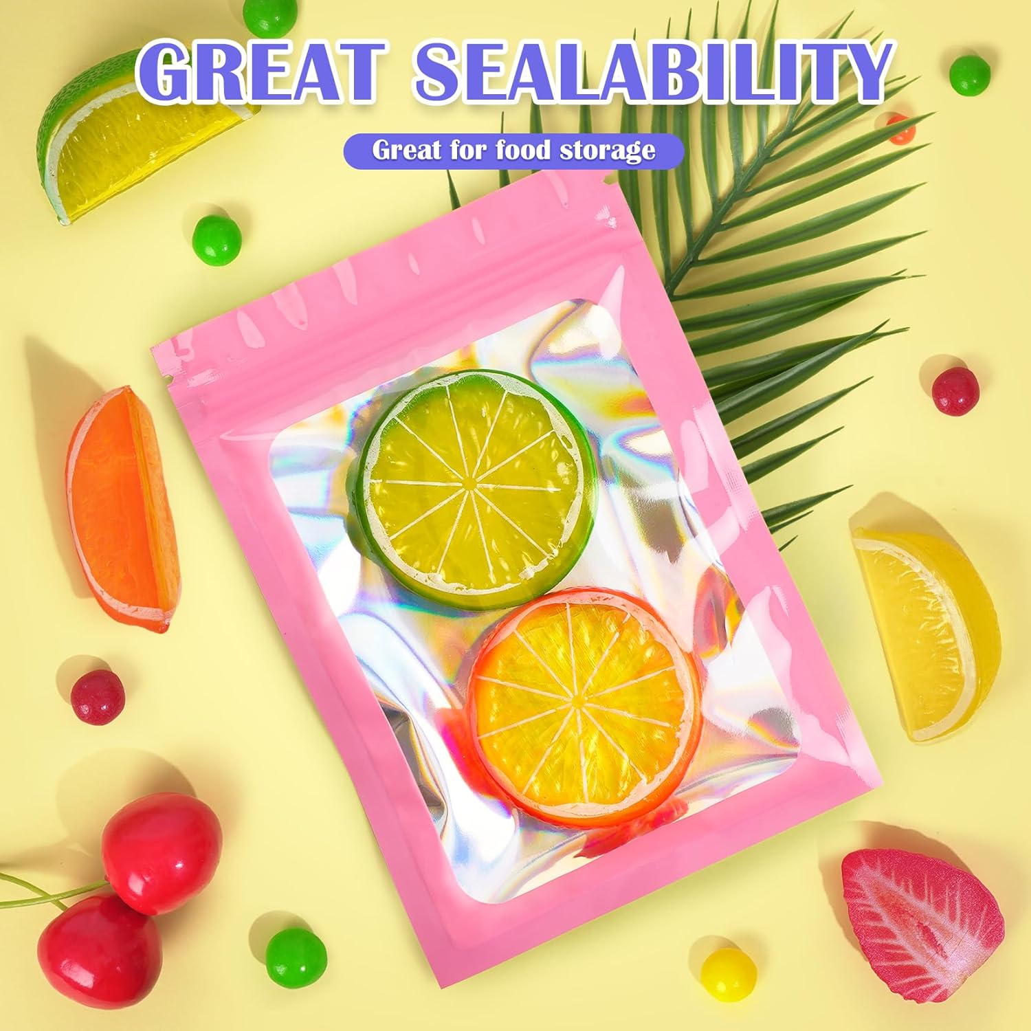 100 PCS Mylar Bags, Pink Holographic Bags, Smell Proof Bag, Sealable Bag for Packaging, Foil Pouch Bag for Food Storage, Bracelets, Jewelry（2.8x3.9in）