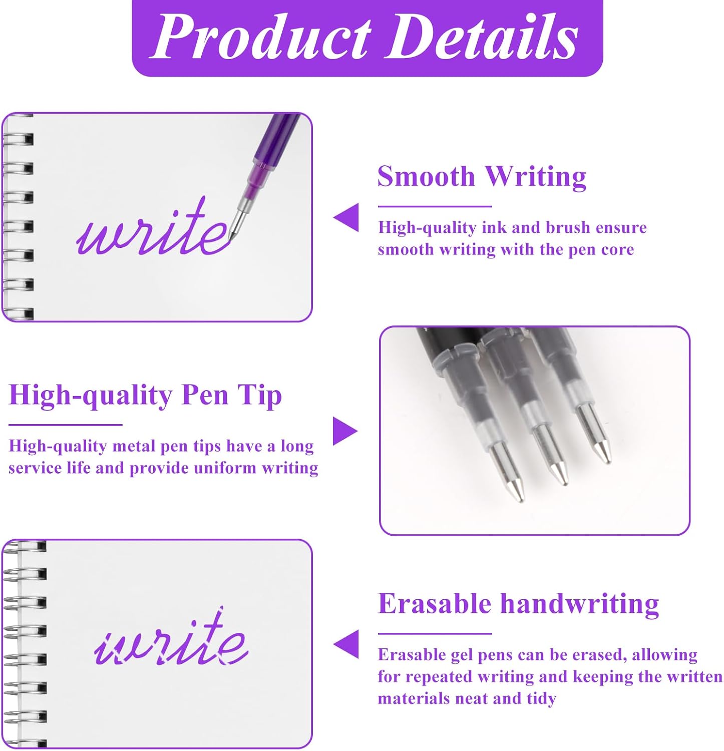 0.7 mm Erasable Gel Ink Pen Refills Compatible with Frixion Friction, Smooth Writing Multicolor Retractable Fine Point Pen Refill for School Office Home Art (Purple, 16)