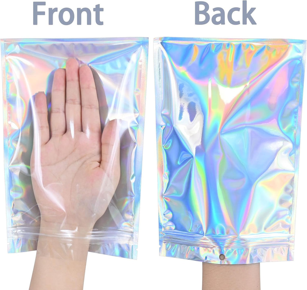 100 Pack Holographic Resealable Plastic Bags for Food Storage, Zipper Bags with Clear Front Window, Packaging Pouch for Small Business (100 Pack, 8x12 inch)