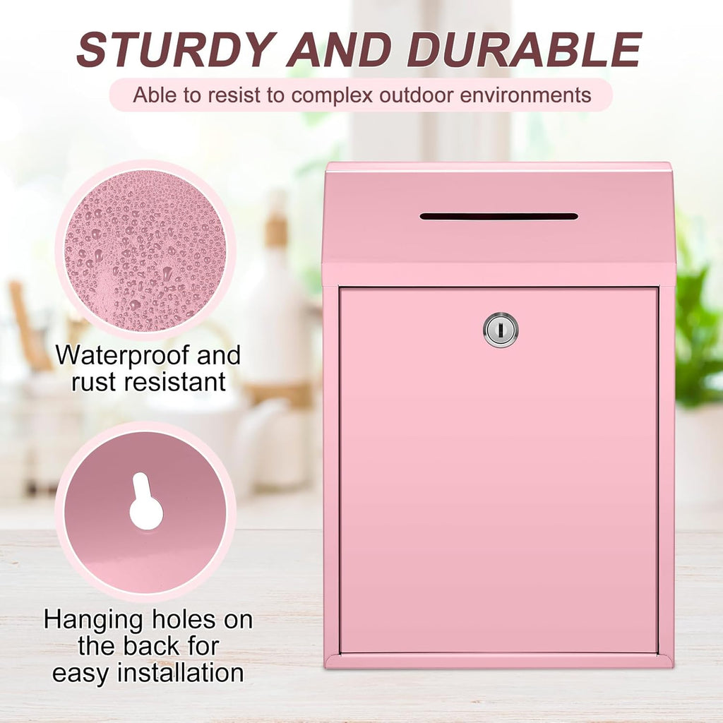 Metal Donation Cash Box Collection Safe Suggestion Box with Lock Wall Mounted Mailbox Delivery Ballot Container for Home Office Outdoor Door(Pink,11.8 x 8.6 x 4.7 Inch)
