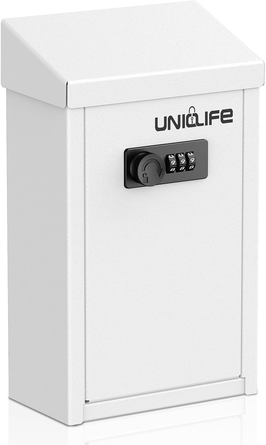 Uniclife Key Drop Box for Outside, Metal Donation Boxes White Collection Box with Combination Lock, Safe Suggestion Boxes, Wall Mounted Mailbox with Top Slot, Steel Cash Drop Boxes