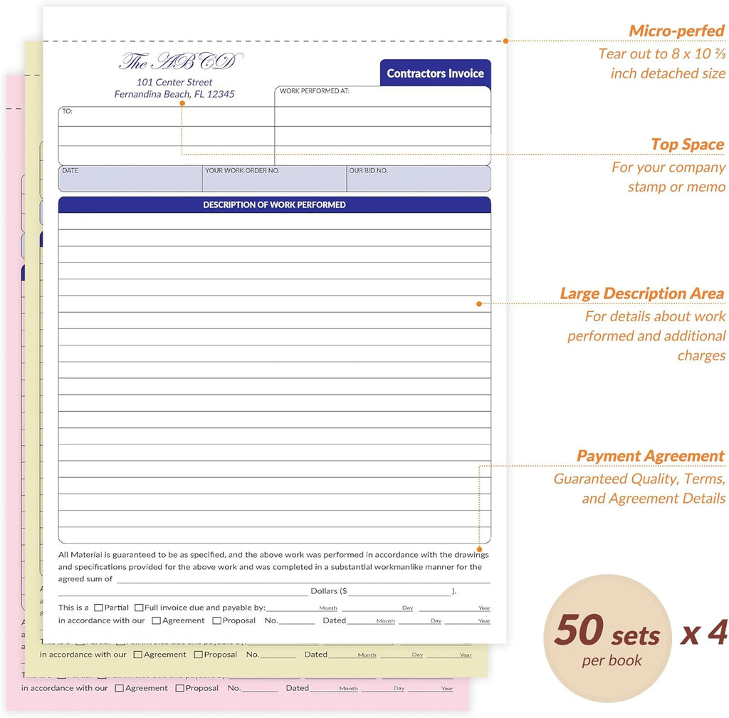 Large Contractor Invoice Book, Invoice Receipt Book for Small Business, 3 Part Carbonless Work Order Estimate Forms, 8x11 in, 200 Sets (4 Books)