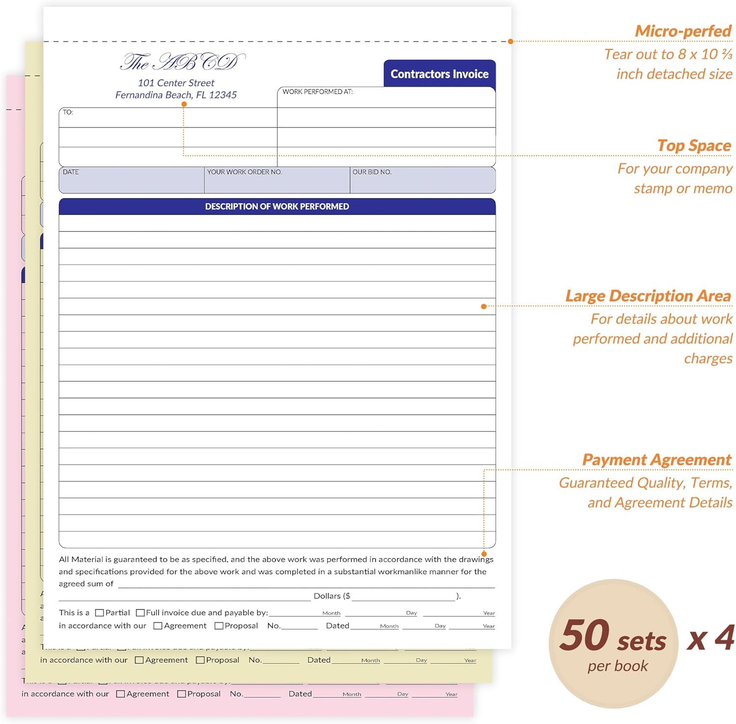 Large Contractor Invoice Book, Invoice Receipt Book for Small Business, 3 Part Carbonless Work Order Estimate Forms, 8x11 in, 200 Sets (4 Books)