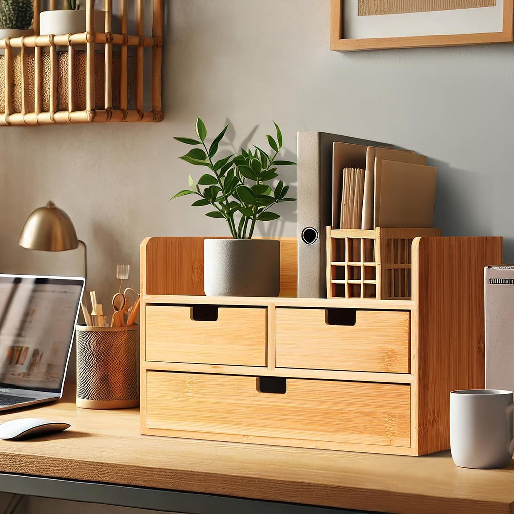 Bamboo Desk Organizer With 3 Drawers Desktop Organizer Modren Table Storage Organizer For Office Home Toiletries Supplies Vanity Kitchen, No Assembly Required, Odorless