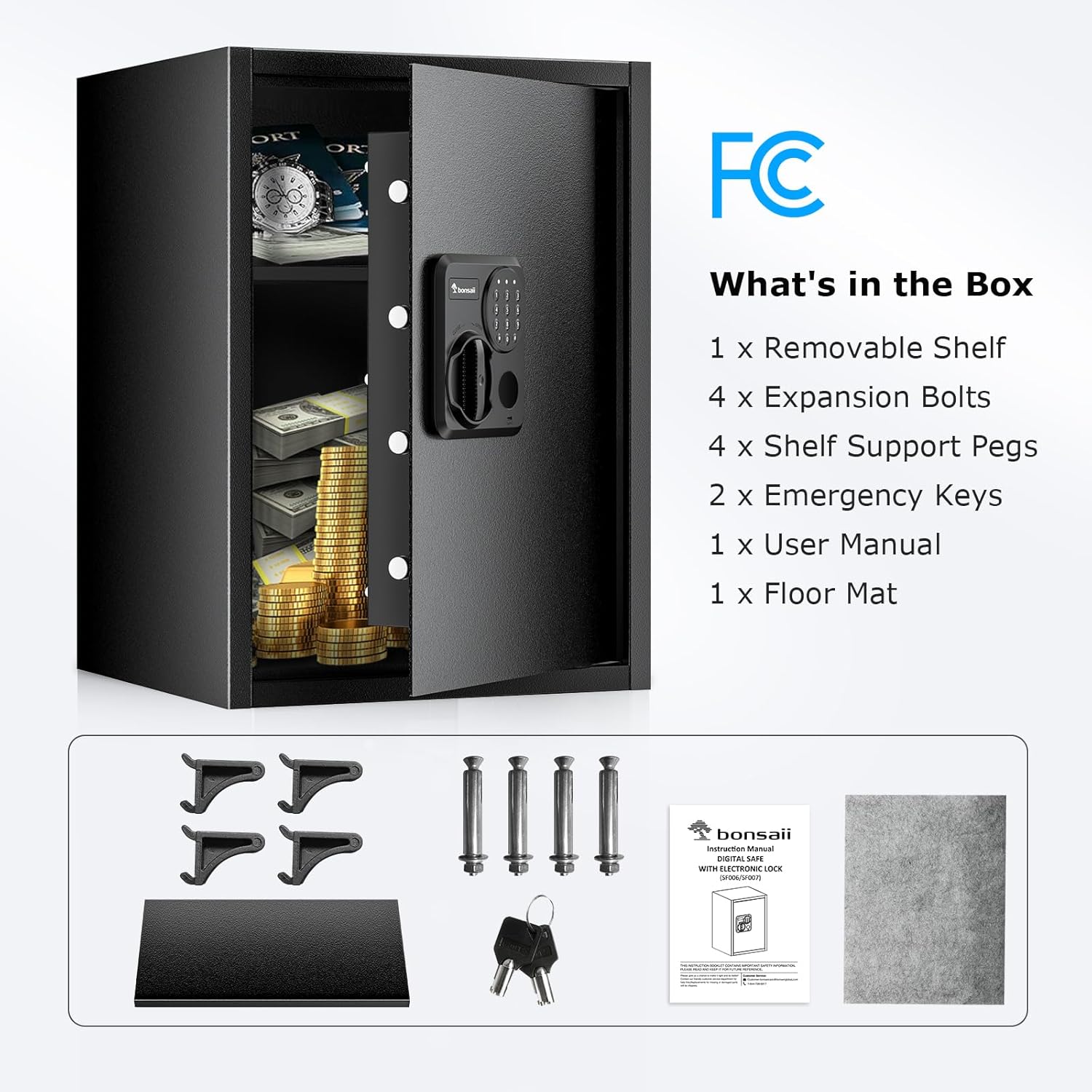 Bonsaii Large Safe Box 1.8 Cubic Feet with Digital Lock, Steel Security Safe Box with Removable Shelf for Home, Office, Cash, Valuables, Jewelry, 14.2" x 12.99" x 19.7"