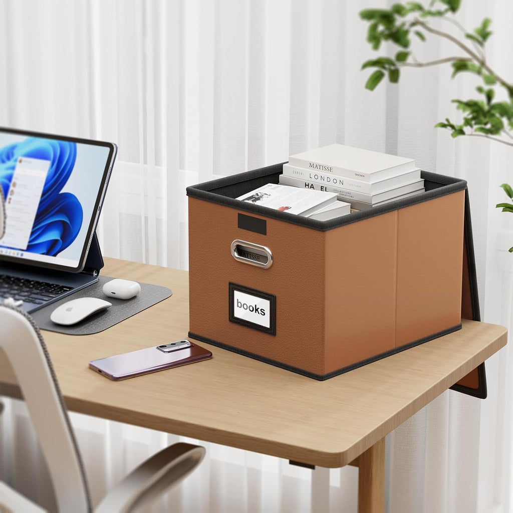 Huolewa Portable Leather File Organizer Boxes with Lids, Office Document Boxes Organizer, Filing Boxes, Decorative Small File Boxes for Hanging Files with Plastic Slide for Office/Decor/Home