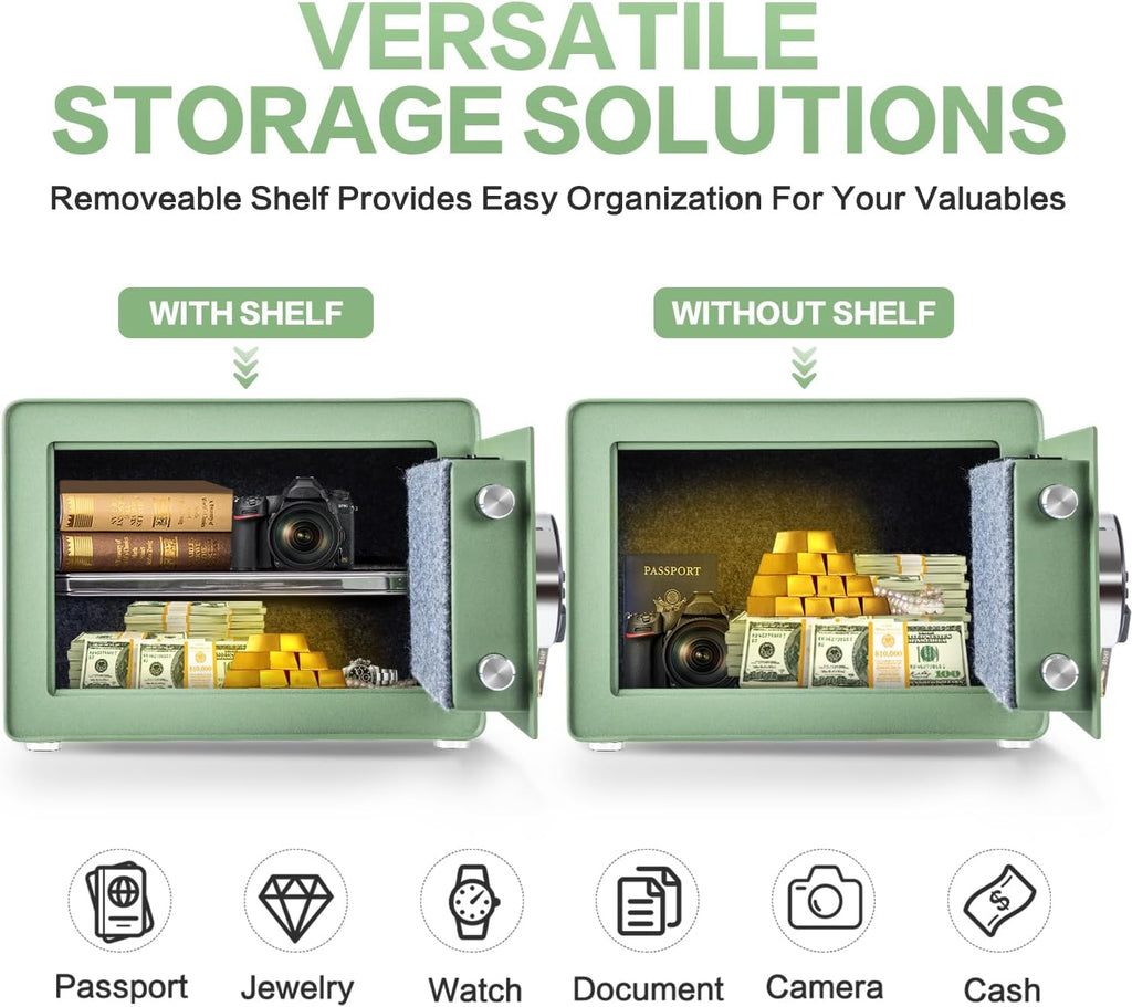 Safe for Home, Small Safe with Fireproof Bag, Removable Shelf, 1.0 Cubic Feet Digital Electronic Security Money Box for Cash, Document, Home, Office, Hotel Use, Green，9.84"D x 13.78"W x 9.84"H