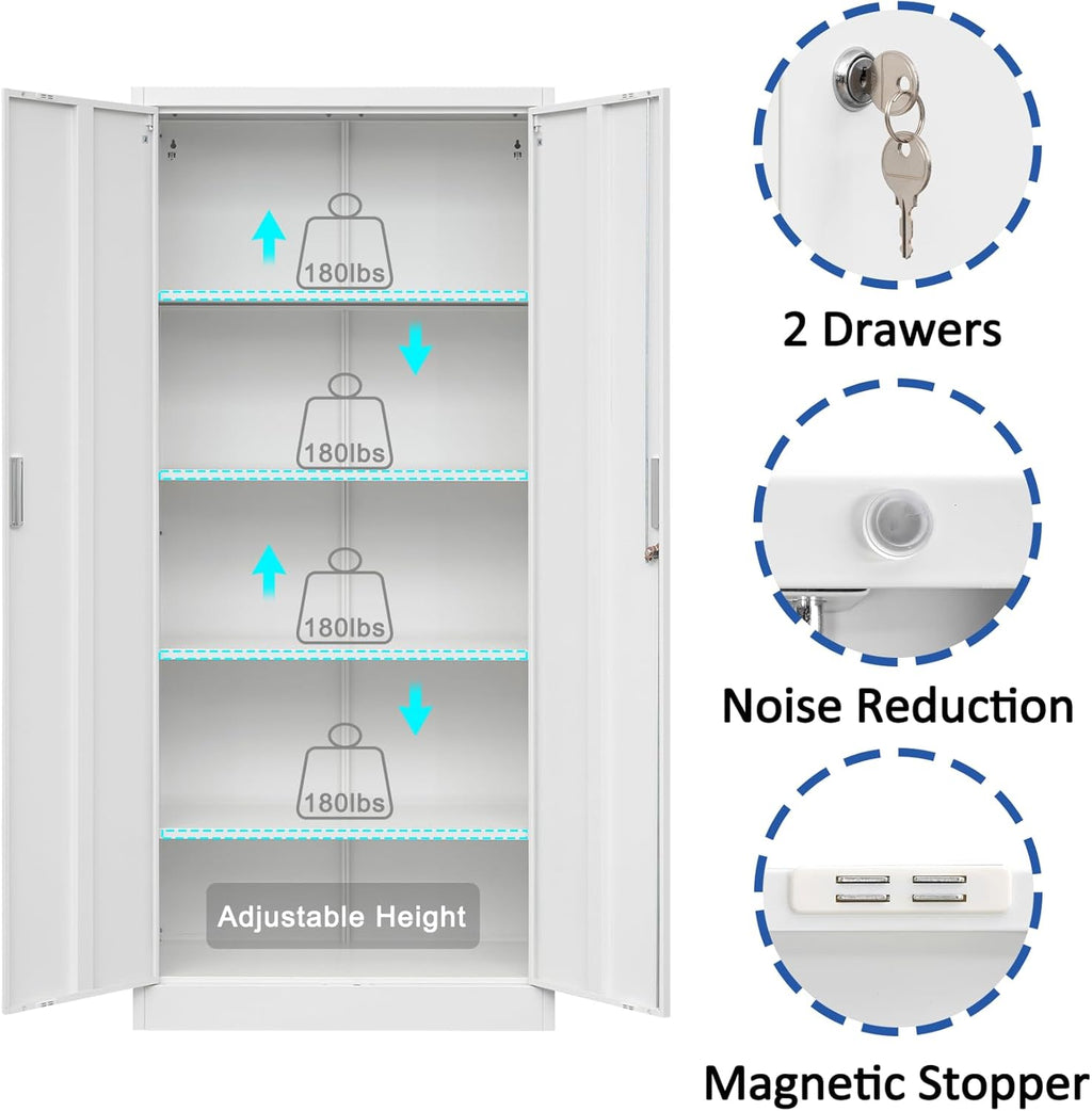 BESFUR Metal Storage Cabinet, 72" - White Garage Metal Cabinet, Adjustable Shelves and Locking Doors for Office, School, Garage
