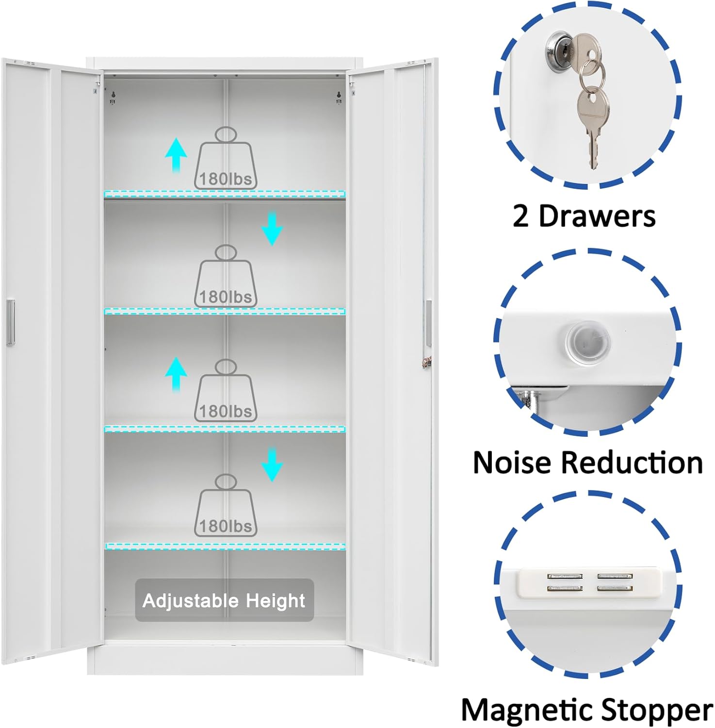 BESFUR Metal Storage Cabinet, 72" - White Garage Metal Cabinet, Adjustable Shelves and Locking Doors for Office, School, Garage