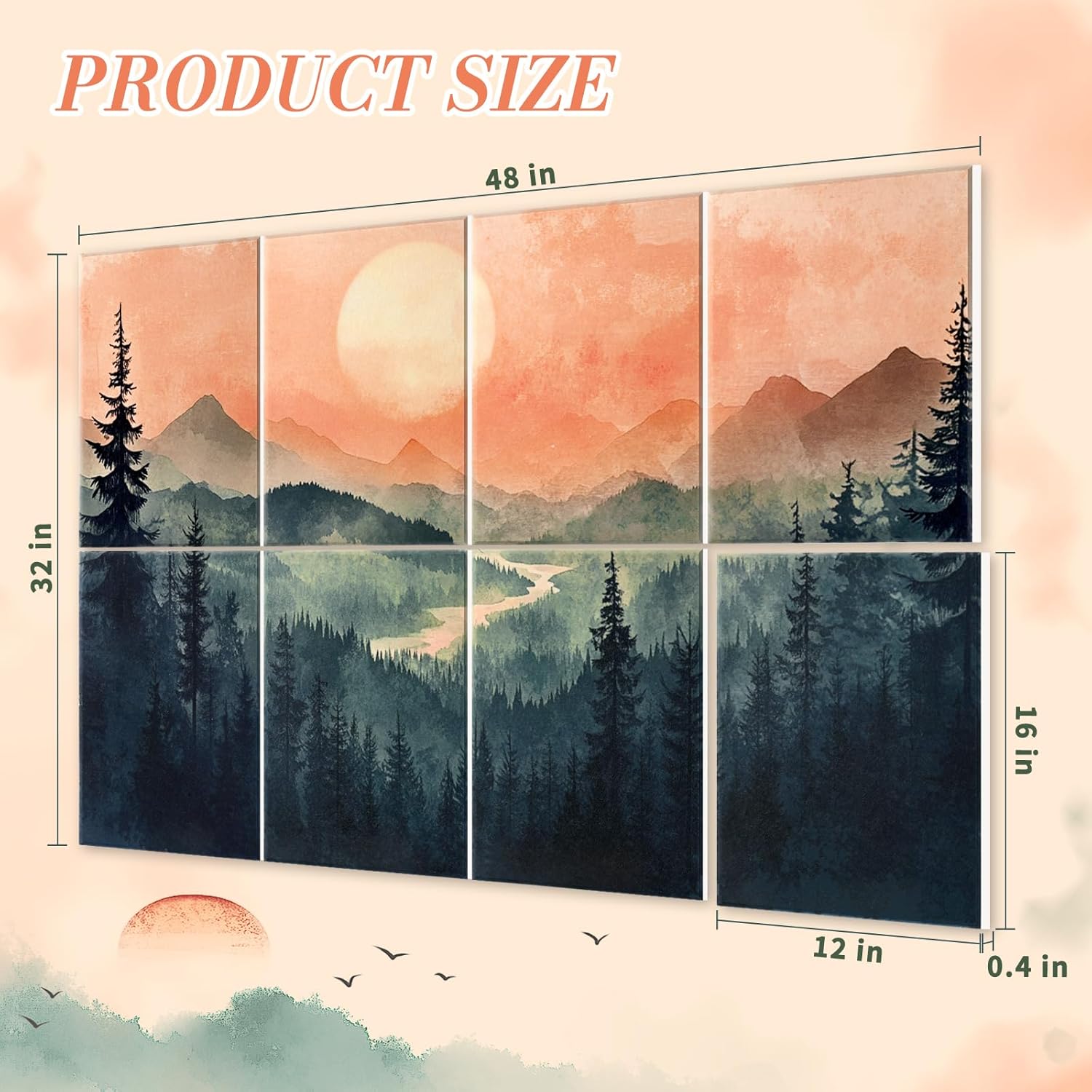 8 Pack 48"x32" Art Acoustic Panels, Self Adhesive Soundproof Wall Decorative Sound Absorbing Panels, High-Density Noise Dampening Canceling Reducing Blocker for Room Office(Setting Sun)