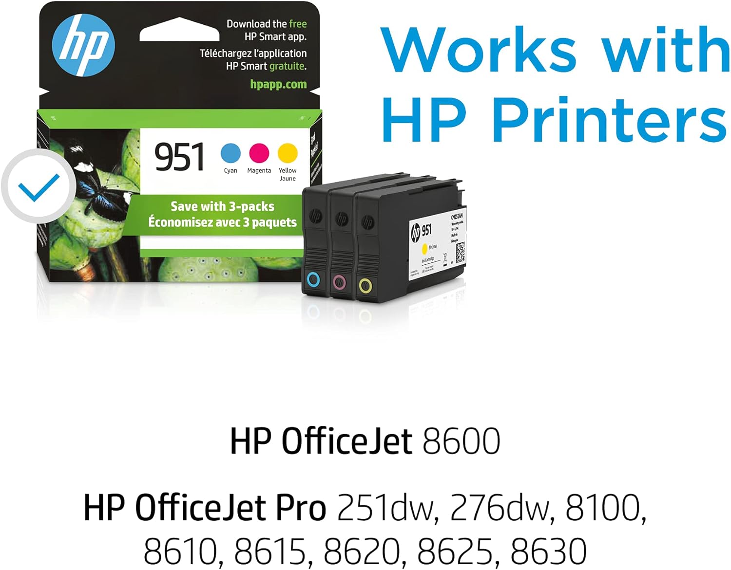 HP 951 Cyan, Magenta, Yellow Ink Cartridges (3 pack)| Works with HP OfficeJet 8600, HP OfficeJet Pro 251dw, 276dw, 8100, 8610, 8620, 8630 Series | Eligible for Instant Ink | CR314FN, Combo 3-Pack