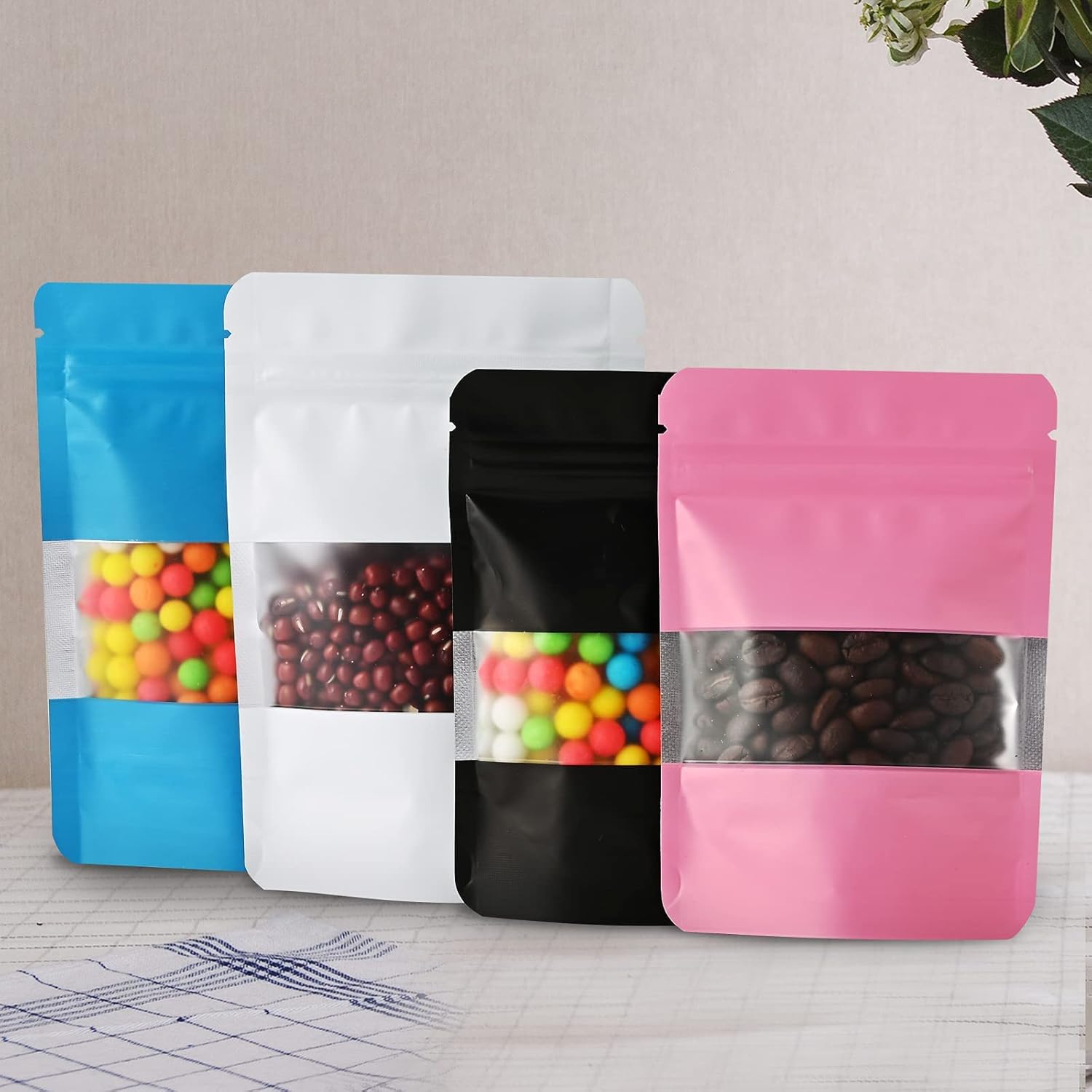 100 Pieces Smell Proof Mylar Resealable Food Storage Bags With Clear Window, Foil Pouch Stand-up for Self Sealing Supplies (Black, 5.3 x 7.8 Inch)