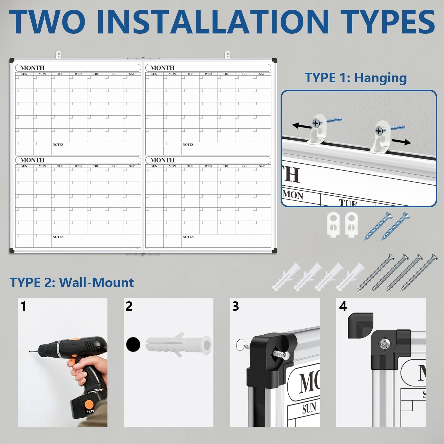 XBoard Magnetic Calendar Whiteboard 48x36 inch, 4 Month Foldable Dry Erase Board Planner, Silver Aluminium Framed White Board Calendar for Home School Office Organization