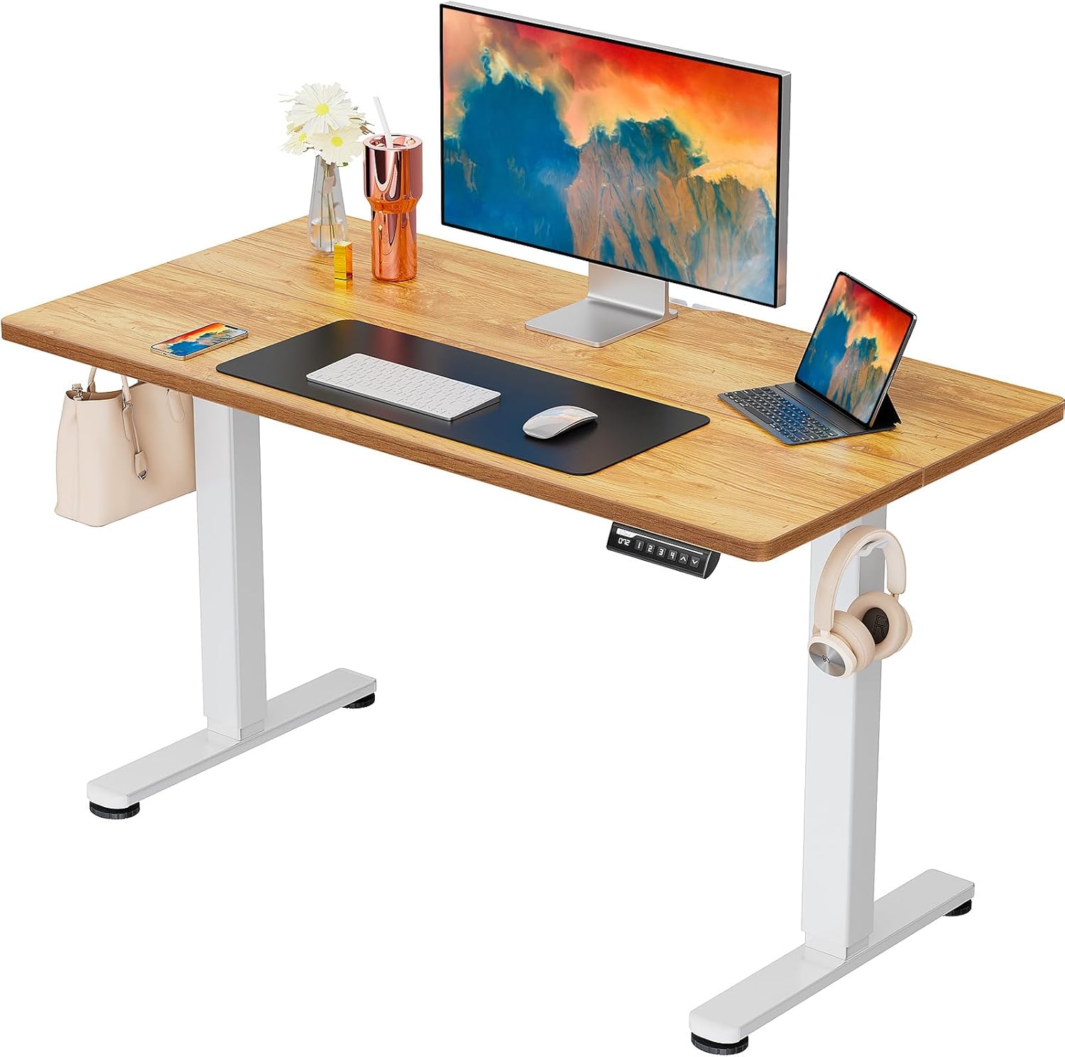 ErGear Height Adjustable Electric Standing Desk, 40 x 24 Inches Sit Stand up Desk, Small Memory Computer Home Office Desk with Two-Piece Desktop (Light Vintage Brown)
