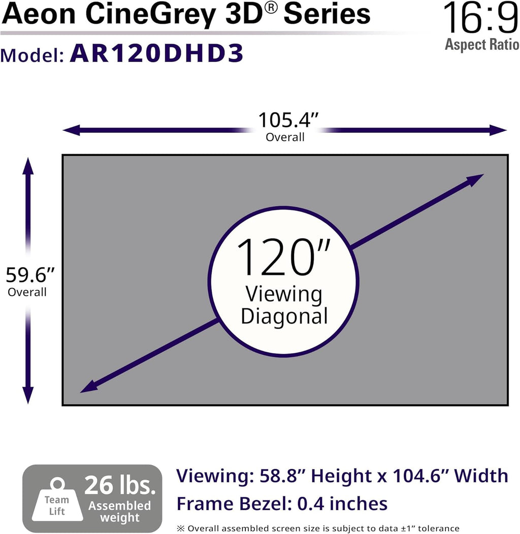 Elite Screens Aeon CineGrey 3D, 120" Fixed Frame CLR/ALR Projector Screen 16:9, Standard Throw Projection, Edge Free Ceiling & Ambient Light Rejecting, Wall-Mounted, for Movie Home Theater, AR120DHD3