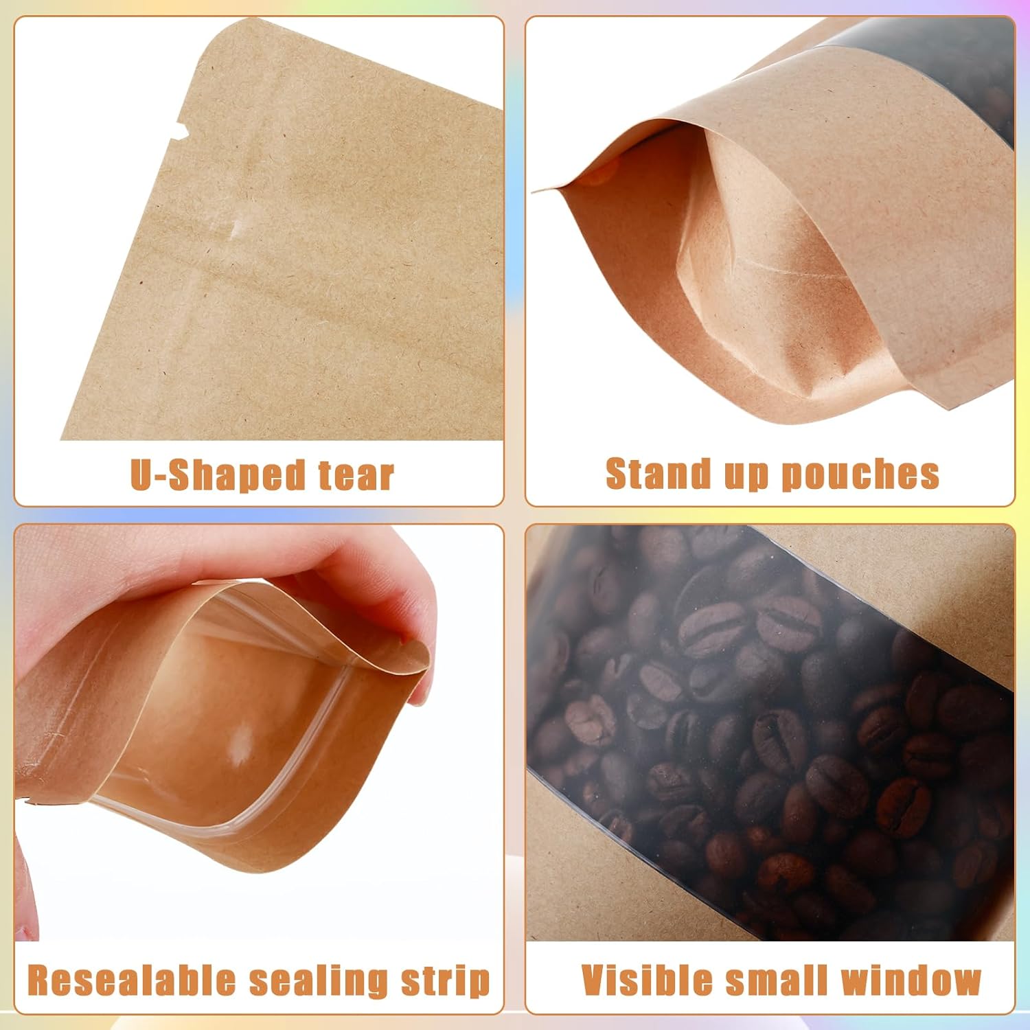 150 Kraft Mylar Bags for Food Storage 5X8 Mylar Bags with Window Candy Packaging Resealable Bags Reclosable Small Stand Up Pouches Edible Packaging, Kraft Paper Bags for Small Business
