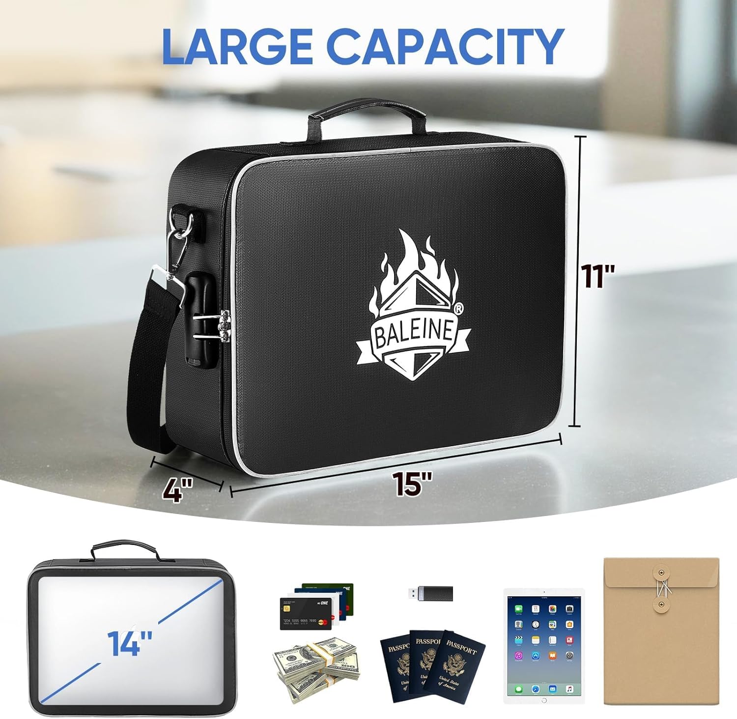 BALEINE Fireproof Document Box with Lock, Portable Fireproof Document Bag Waterproof Fire Proof File Boxes for Documents, File Organizer Box for Important Paperwork (Black, 15''x11''x4'')