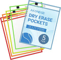 5 Pack Oversized Dry Erase Pocket Sleeves - 10 x 13 Inch Ticket Holders Reusable Clear Plastic Sleeves Sheet Page Protectors for School Teacher Supplies & Classroom Organization, 5 Colors