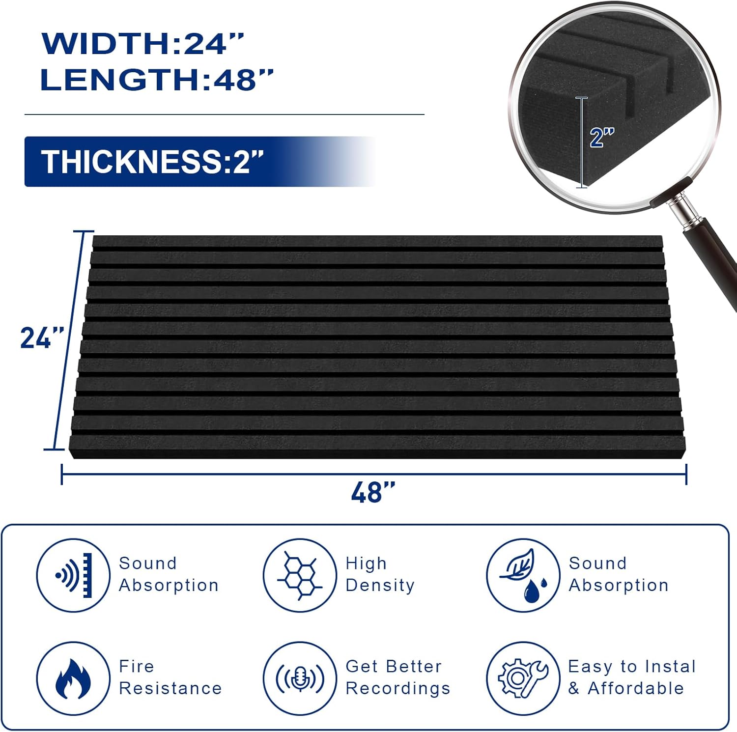 4 Pack Acoustic Foam Panels, 2" X 24" X 48" Wedge Soundproof Studio Foam for Walls,Sound Absorbing Panels, Sound Insulation for Studio, High Density Fireproof Studio Wedges (Black, 4 Pack)
