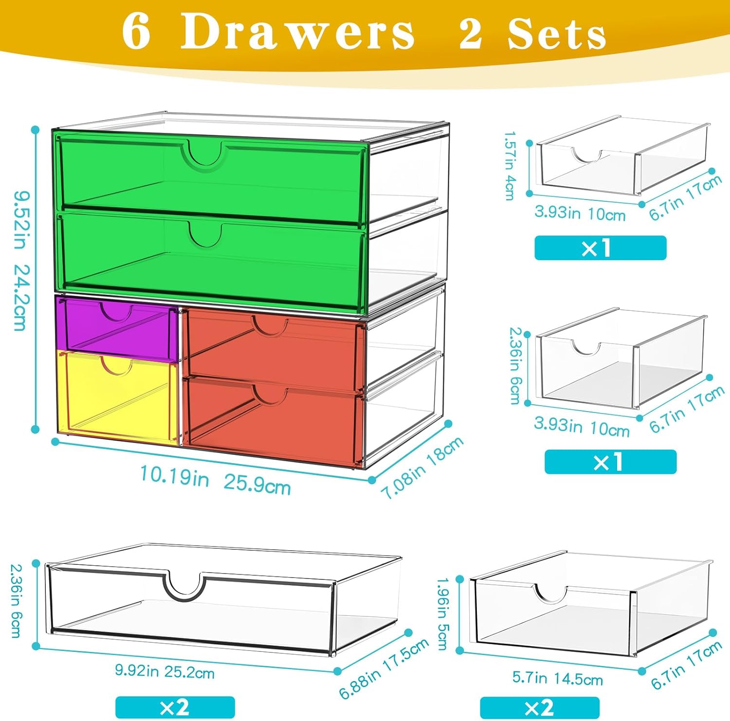 Acrylic Organizer with 6 Drawers, Bathroom Counter Organizer, Makeup Desk Organizers, Office Supplies, Storage Drawers for Cosmetic, Pencil, Coffee