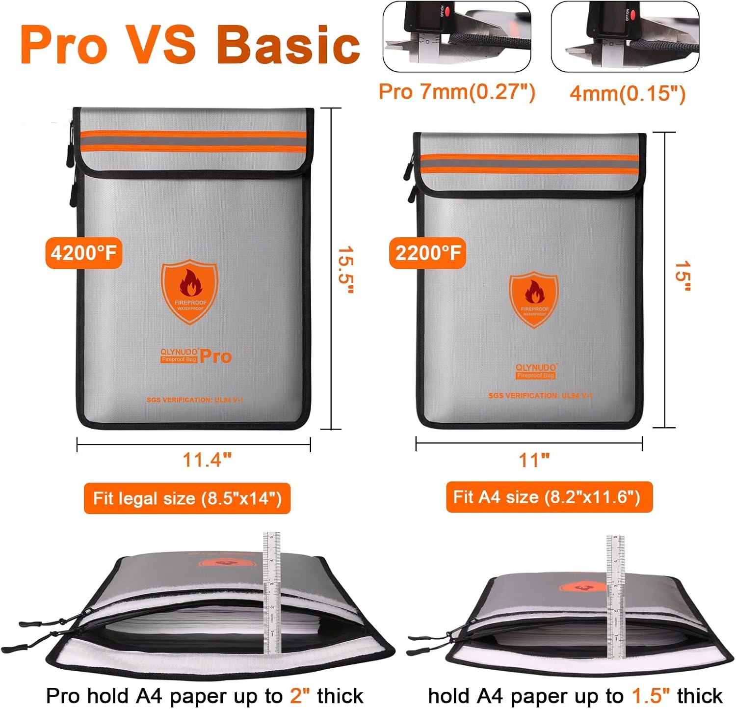 4200℉ Fireproof Document Bag, Important Waterproof Document Holder with Thermal Insulation Layer, Legal Size Fireproof Envelope with Zipper/Reflective Strip