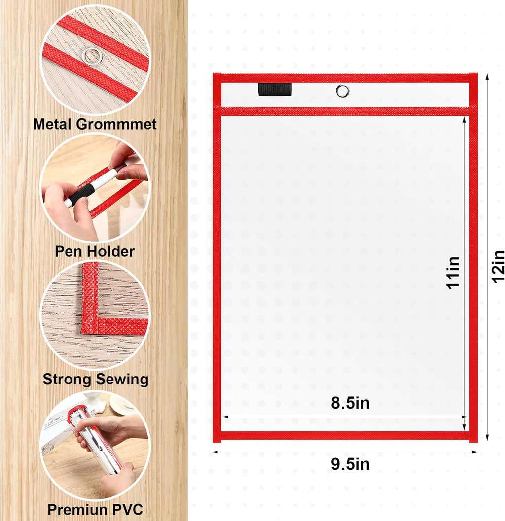 Nezyo Dry Erase Pockets Plastic Job Ticket Holders Shop Holder Order Pockets Clear Sleeves Tickets Folders Plastic Sleeves Paper Teacher Supplies for Classroom(12 x 9.5 in,Red,50 Pcs)