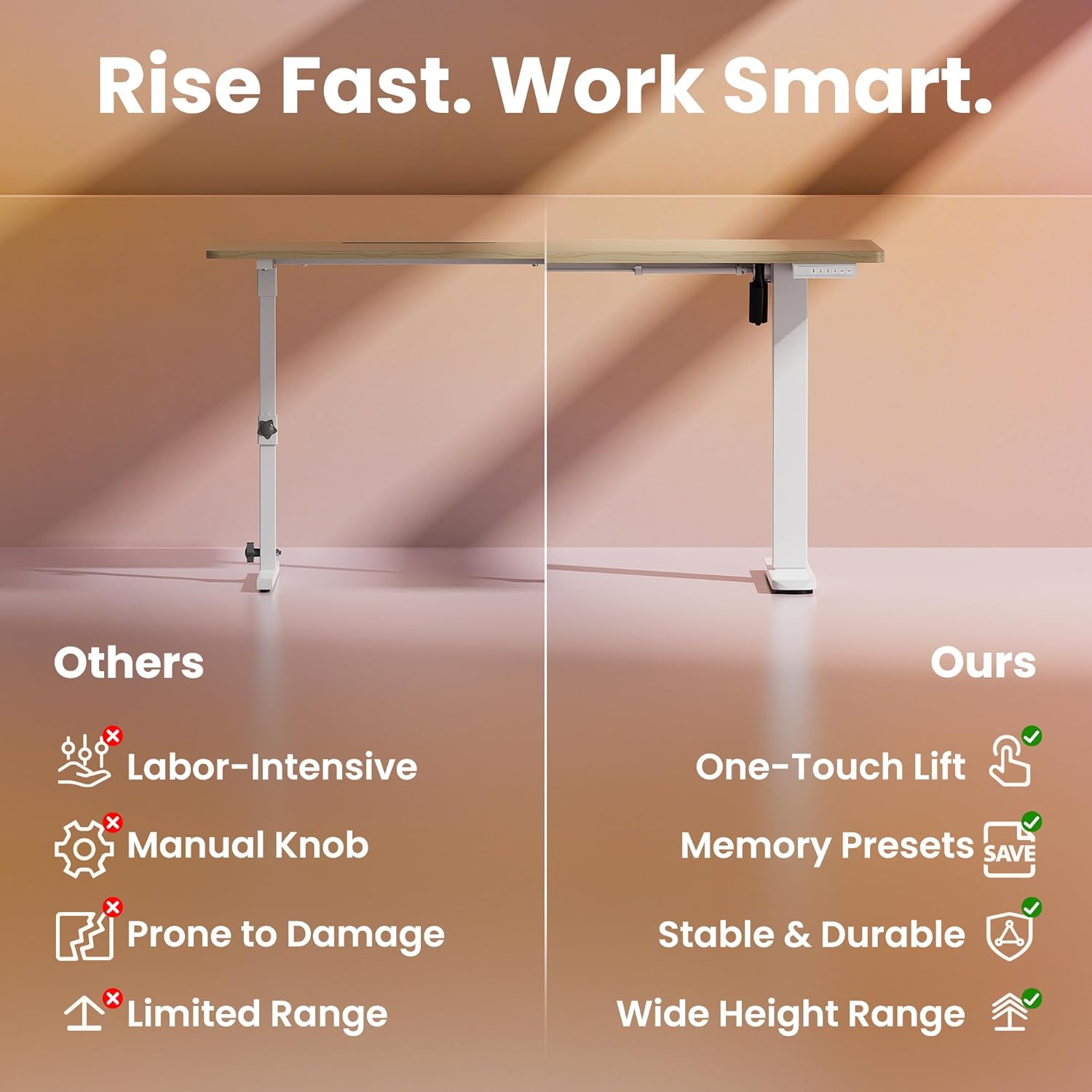 HUANUO 43 x 24 inch Electric Standing Desk Adjustable Height, 4 Memory Height Settings, Sit Stand Up Desk for Home Office & Computer Workstation, Light Walnut