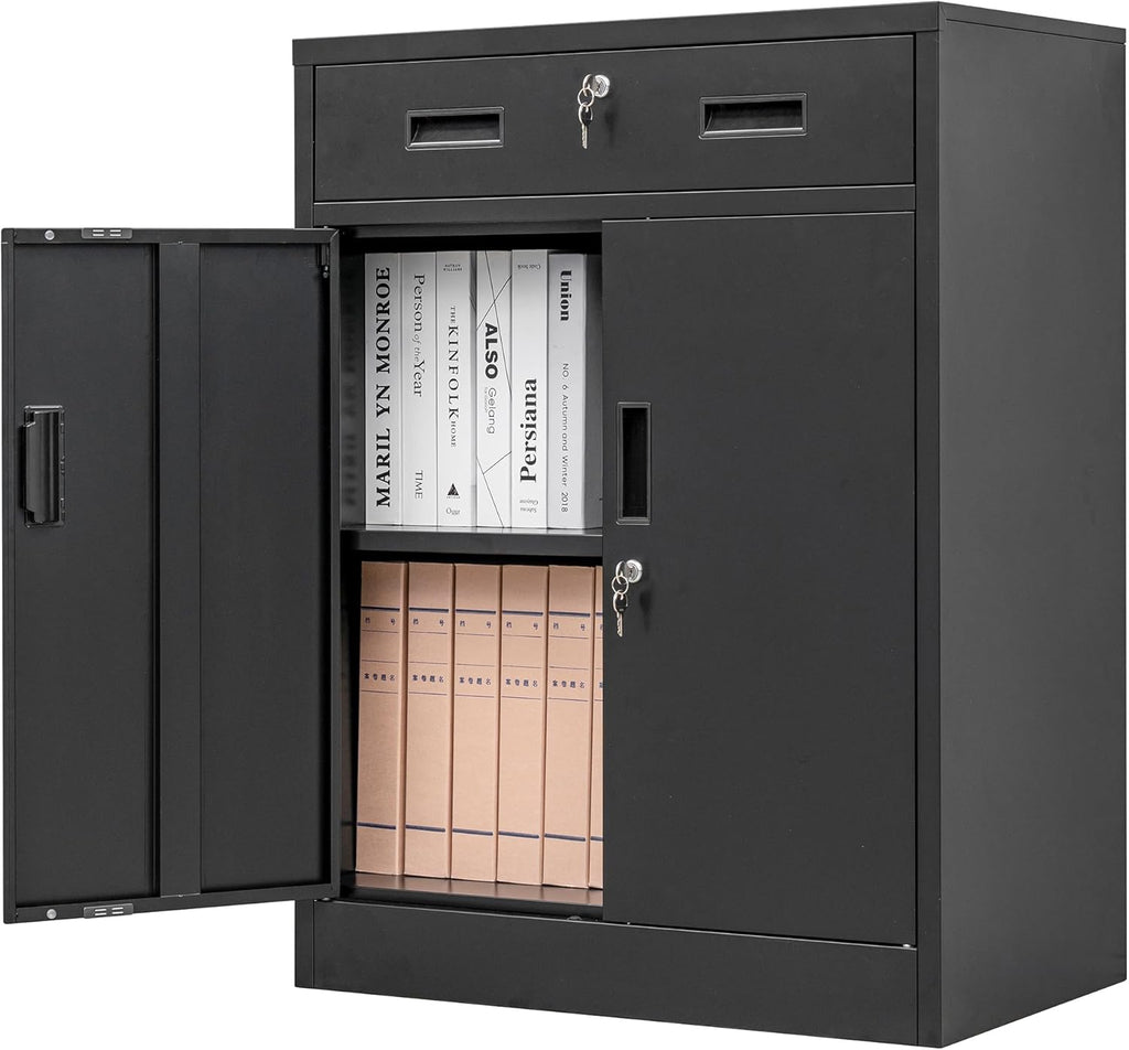CMY Metal Storage Cabinet, Locking Storage Cabinet with One Drawer and Adjustable Shelf, 36.2" H x 28" W x 16" D Metal Cabinet for Office, Garage, Home-Black