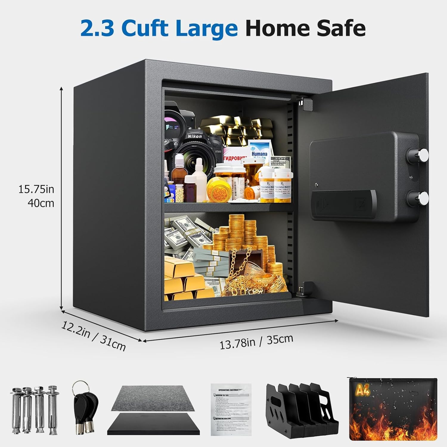 [ 2.3 Cu.ft. ]PATRON Fireproof Safe for Home,Digital Security Home Cabinet Safes for Money Cash Documents,Safe Box with Electronic Keypad,Removable Shelf for Office,with Foam Pistol Rack,2.3 Cu.ft.