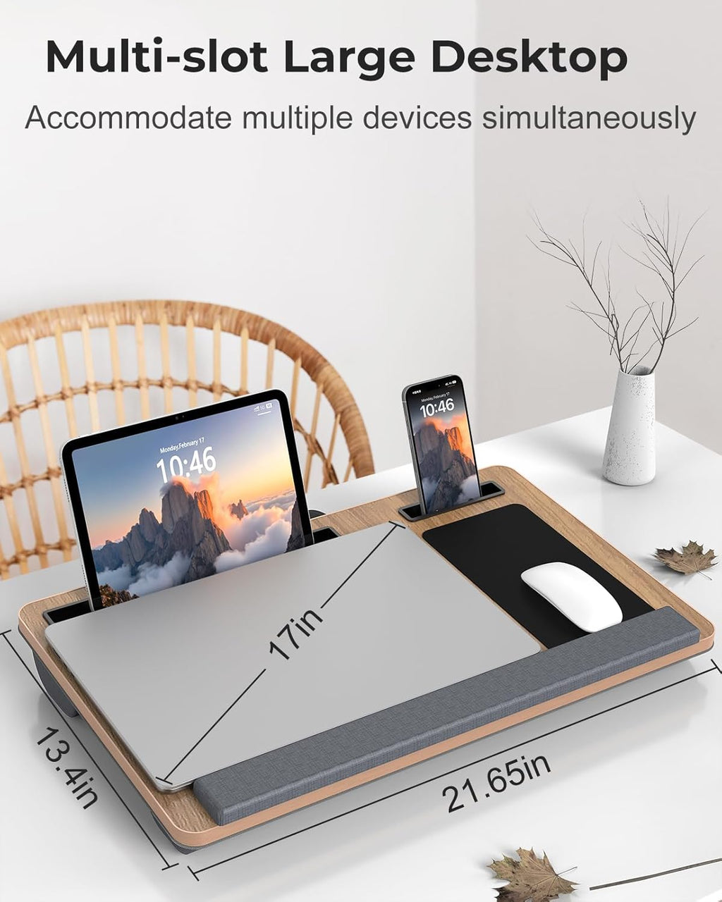 Lap Desk - Up to 17” Laptop Tray with Wrist Rest, Portable Handle, Fixed Mouse Pad, Tablet & Phone Slots, Laptop Stand for Bed with Cushion (Dark Brown Woodgrain)