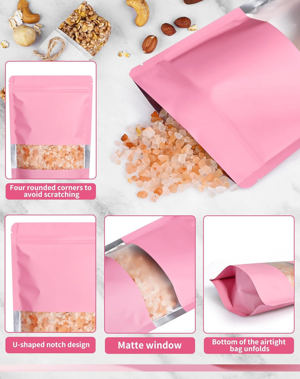 FireKylin 100 Pack Smell Proof Bags, Resealable Bags with Matte Window, Foil Pouch Stand Up Sealable Bags for Packaging（Pink,4" x 6"）