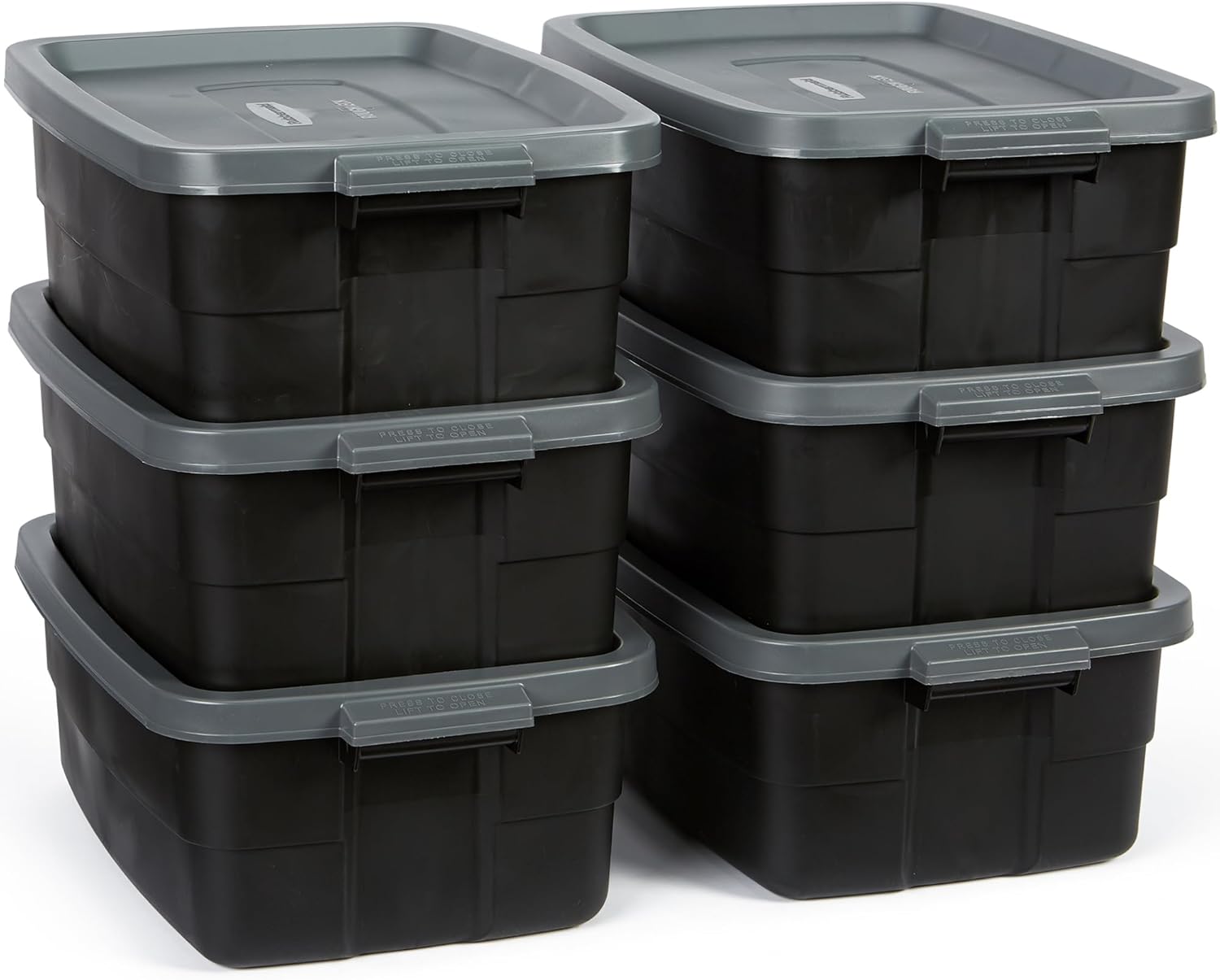 Rubbermaid 3-Pack Garage Storage Bins 18x12 Inch Heavy Duty Storage Bins, Large Capacity - USA Made Stackable Plastic Bins with Lids Black