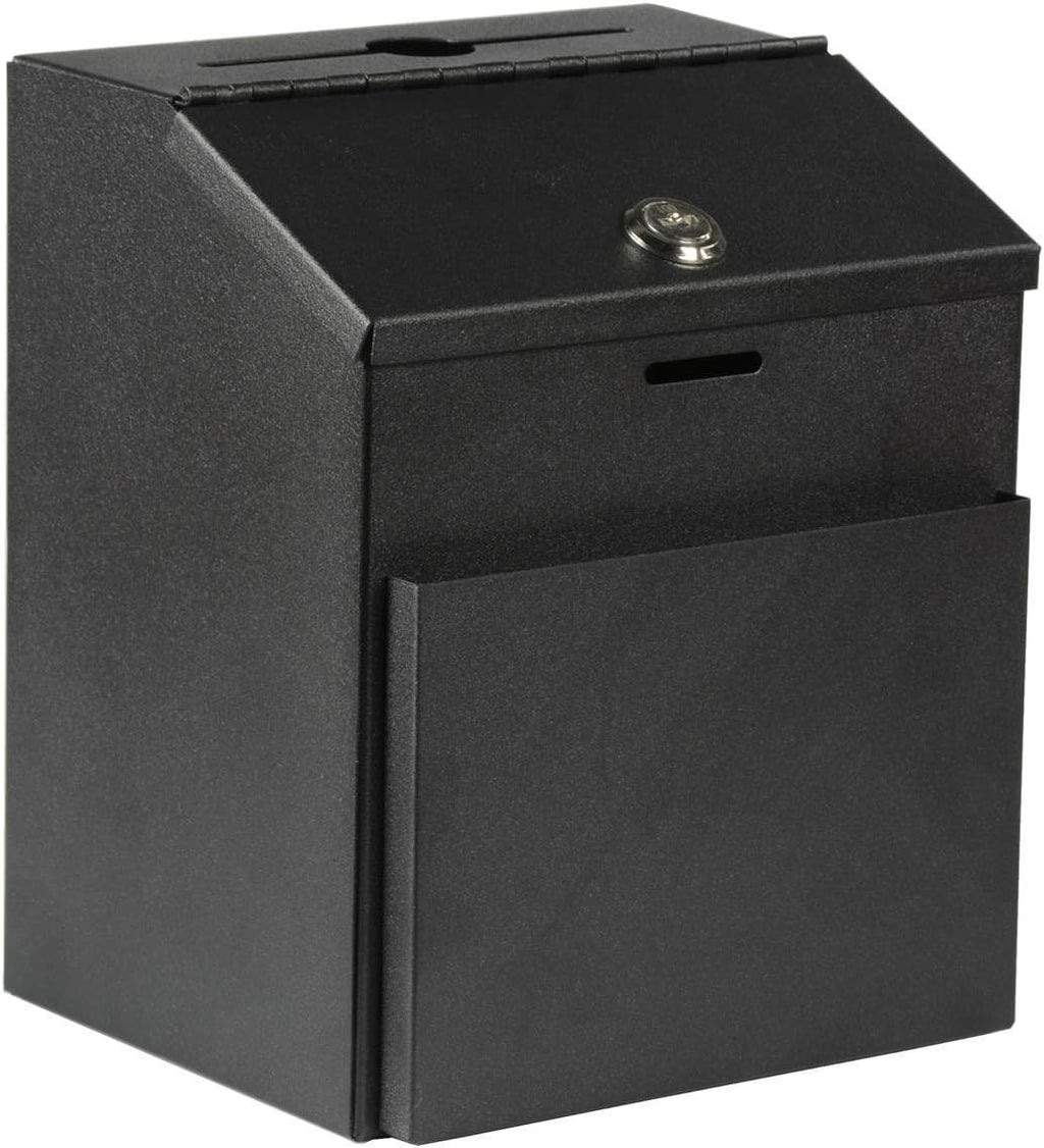 Suggestion Box with lock and keys Lock Metal Wall Mounted Ballot Box, Steel Donation and Collection Drop Box with wide Slot, 8.5H x 6W x 7.3L Inch office comment box with front wide pocket