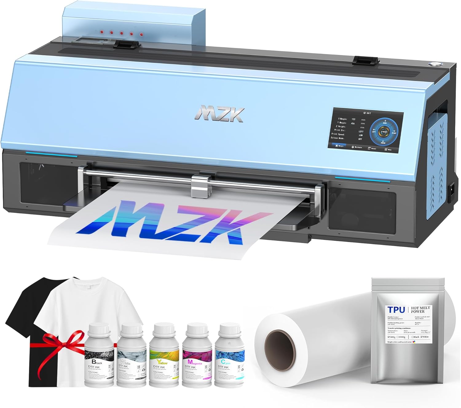 MZK A3 Plus DTF Printer XP600 Doubled-Speed,13+" DTF Film,Built-in Holiday Automatic Timed Cleaning Printhead,LED Multi-Function Fouch Screen,Film Cutter,White Ink Circulation,Gift Ink 2 Year