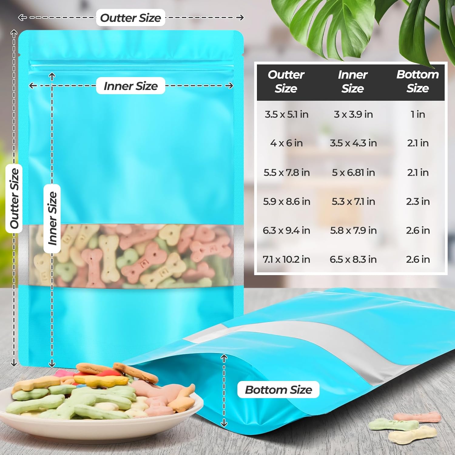 Funfery 100 Pcs Smell Proof Packaging Bags,Mylar Clear Bags for Food Storage,Sealable Bag for Packaging,Stand Up Pouches with Window,ReSealable Bag for Small Business,Cookies,Candy(Blue,4x6in)