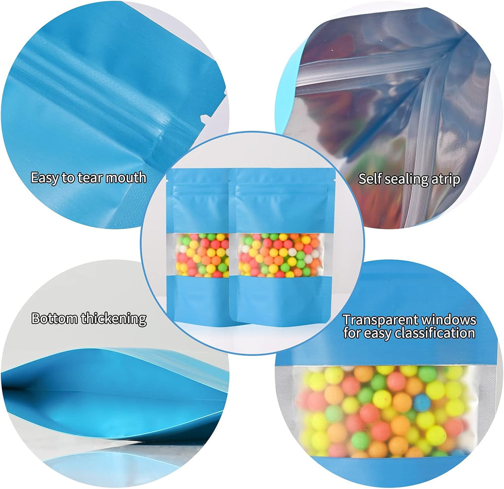 100 Pieces Smell Proof Mylar Bags, Resealable Food Storage Bags with Clear Window, Foil Pouch Stand-up Bags for Food Self Sealing Storage Supplies (Blue, 4 x 6 Inch)