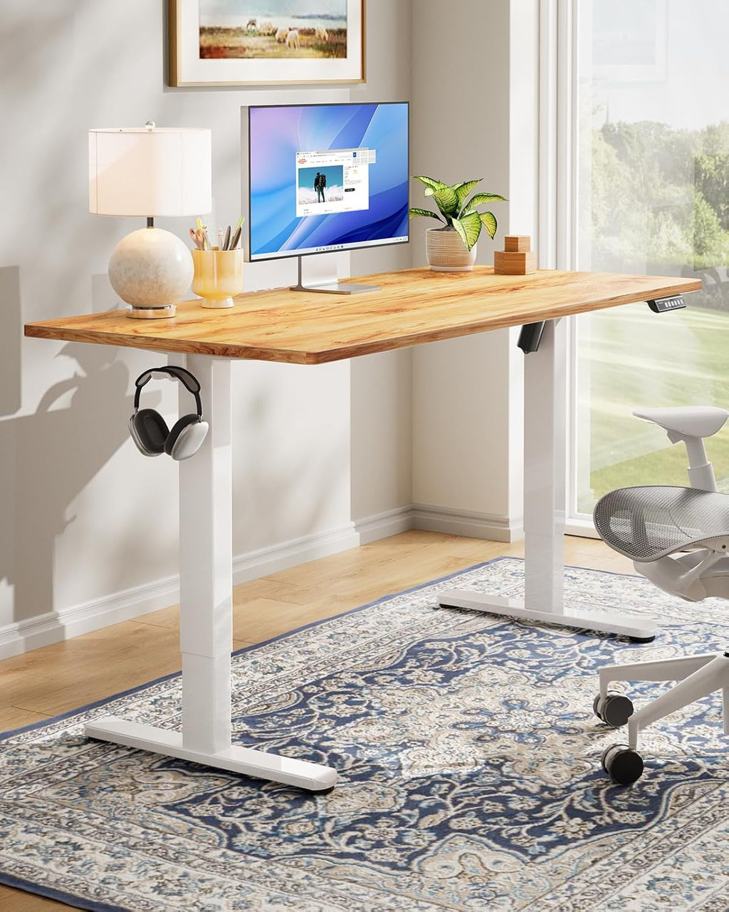 HUANUO Electric Standing Desks, 60" x 24" Whole Piece Desktop, Adjustable Height Computer Desk, 4 Height Memory Settings, Sit Stand Up Desk for Home Office, Light Vintage