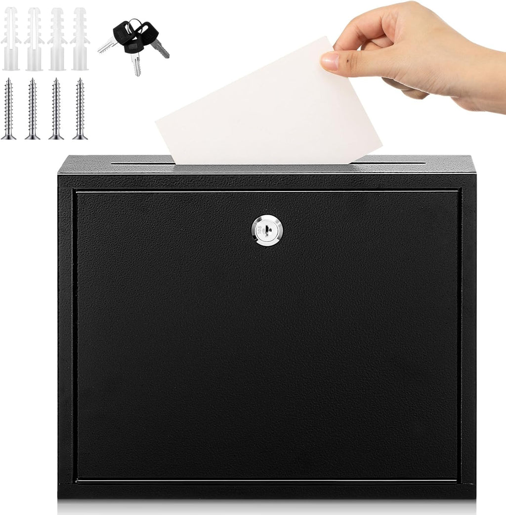 Metal Donation Box Suggestion Box with Slot and Lock-Cash for Money-Waterproof Drop Comment and Ballot Voting for Easy Wall mounting(Black,12 x 10 x 3 Inches)